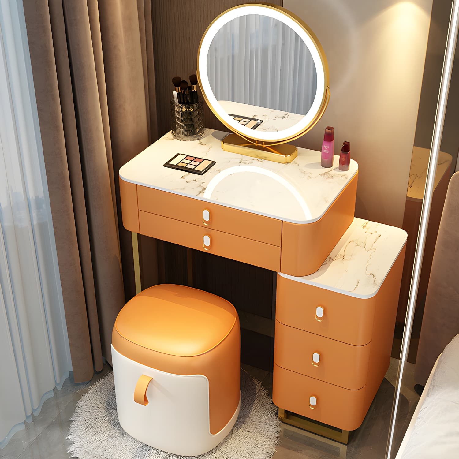 Stone Top Vanity with Storage Drawers Makeup Vanity Desk with Stool and Mirror thumbnail 9