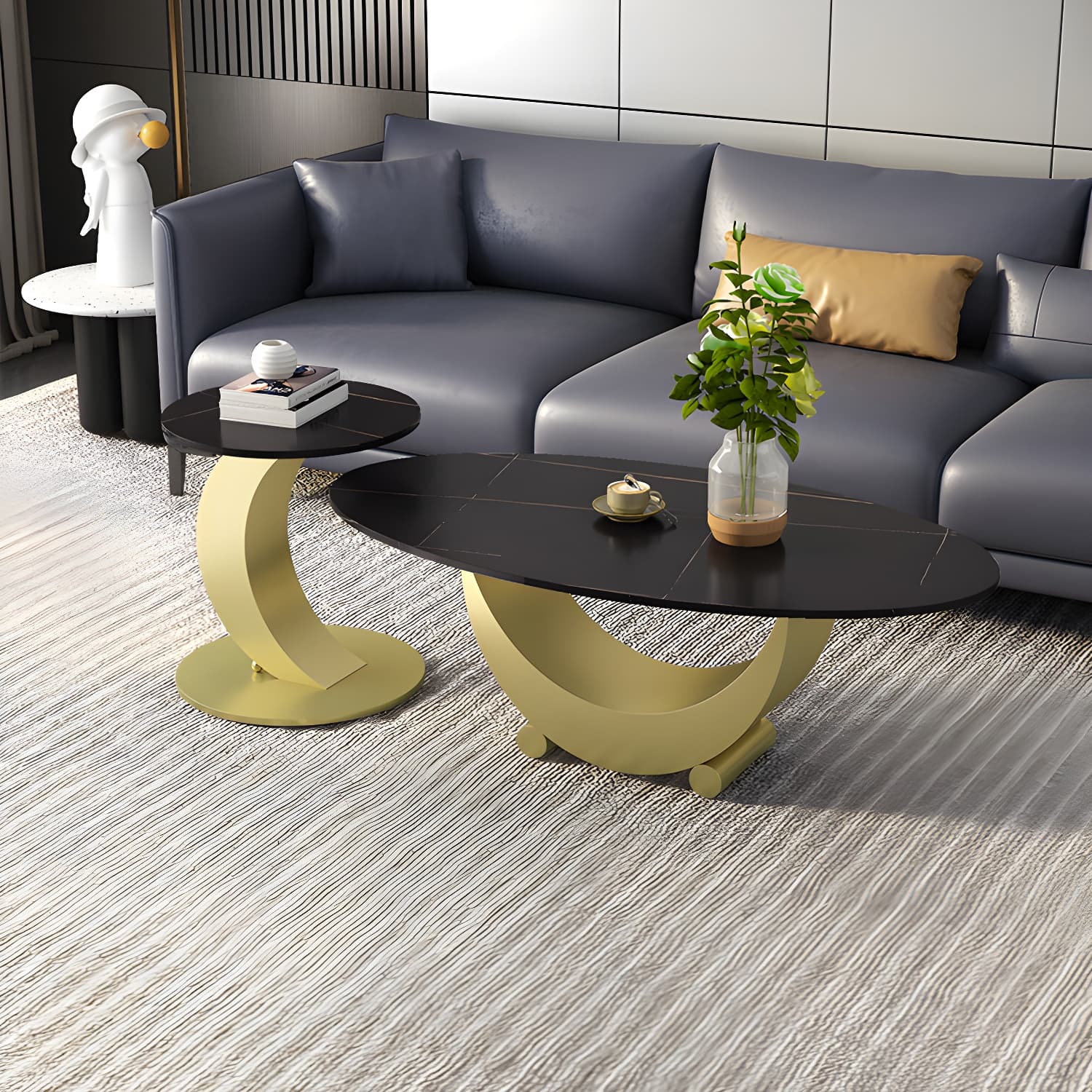 2 Piece Nesting Tables Oval Minimalist Modern Coffee Table Set thumbnail 5