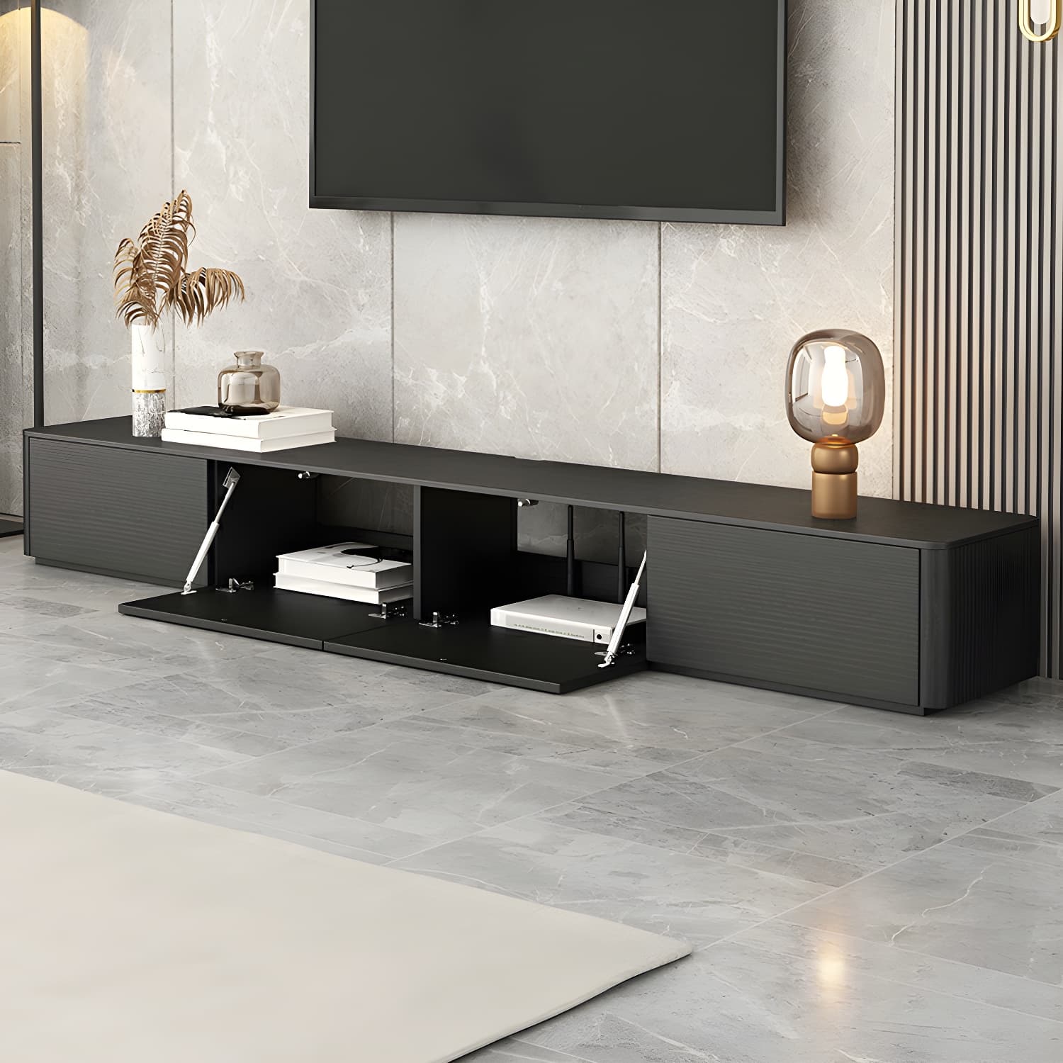 Black Wood TV Stand with Drawers and Cable Management – Modern Style and Low Height thumbnail 4
