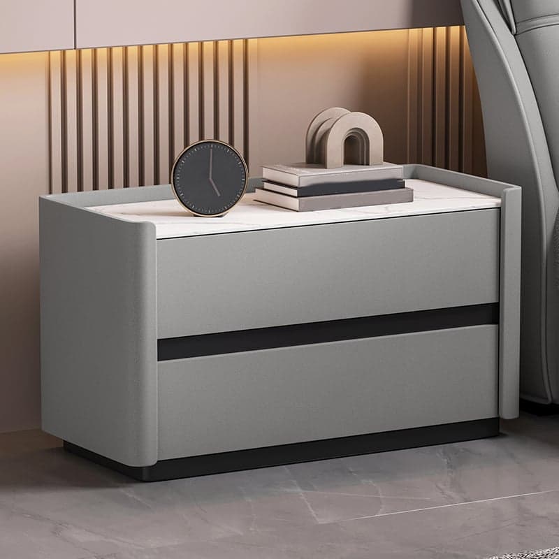 Modern Faux Leather Nightstand with 2 Drawers in Stone Countertop thumbnail 7