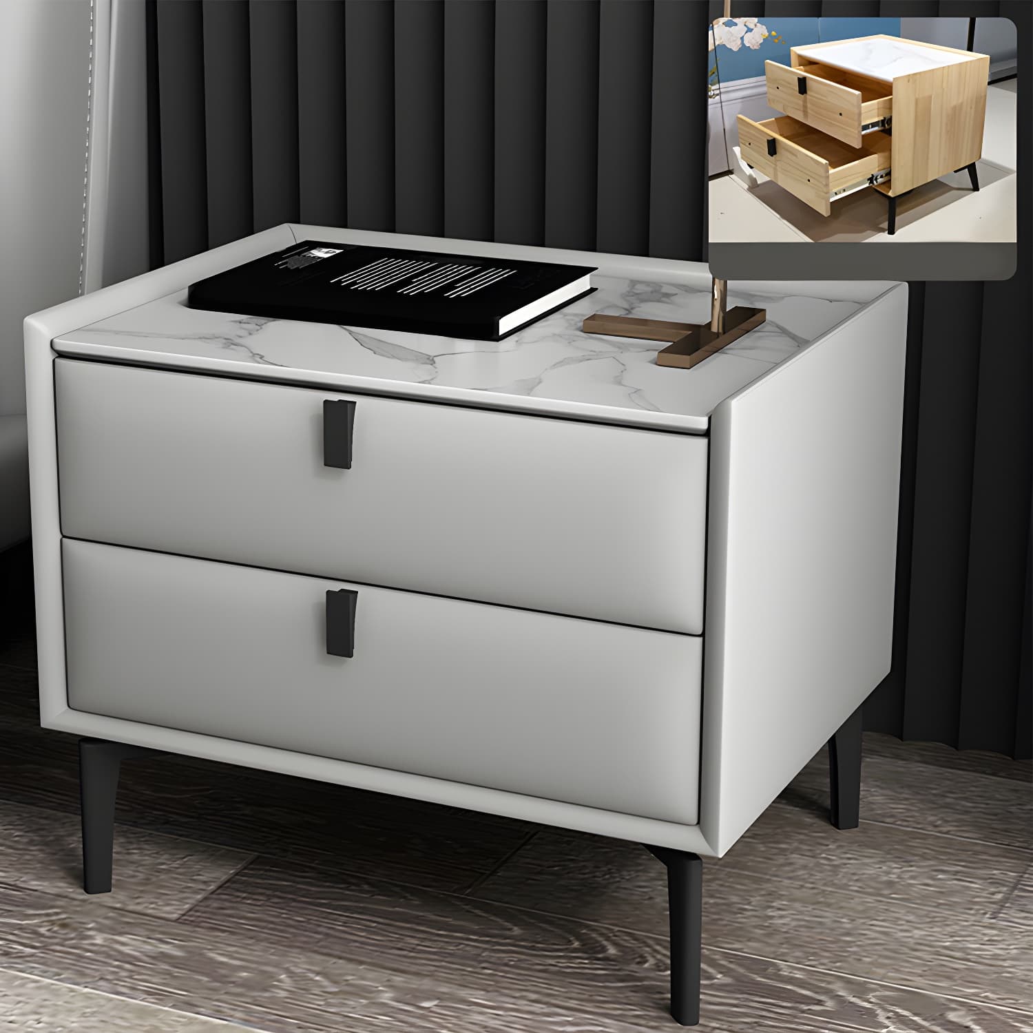Solid Wood Bedside Table, Modern 2 - Drawer Stone Top Nightstand thumbnail 22