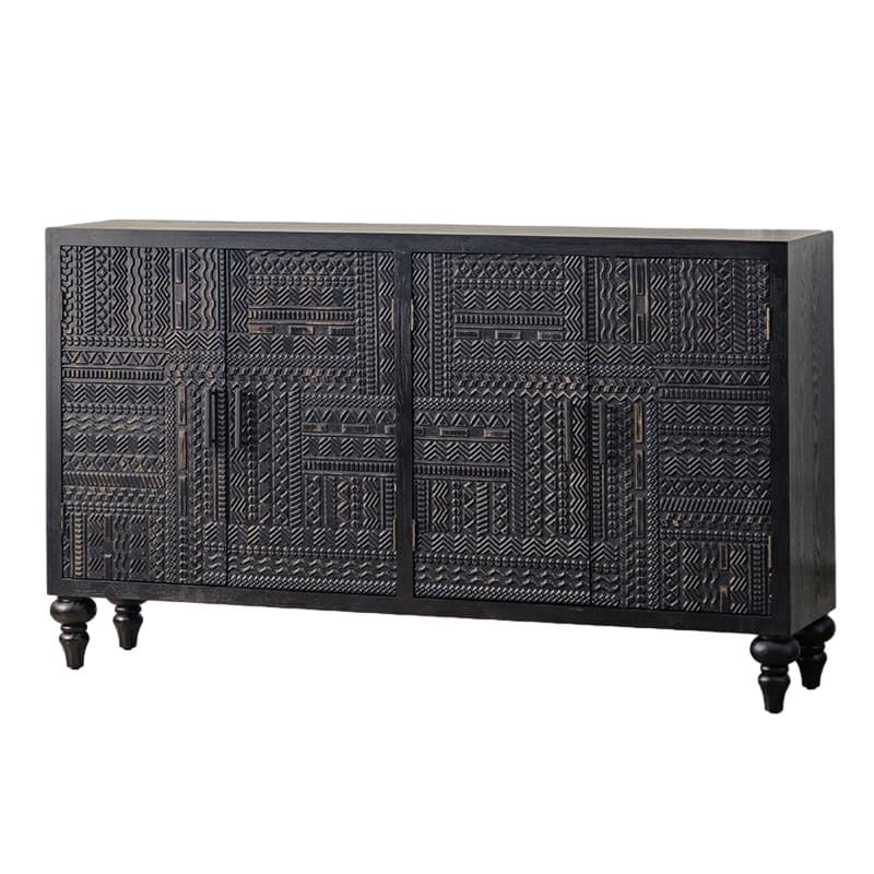 Modern Black Wood Console Cabinet with Cubby Storage and Wood Scoring & Rub Through Detailings thumbnail 5