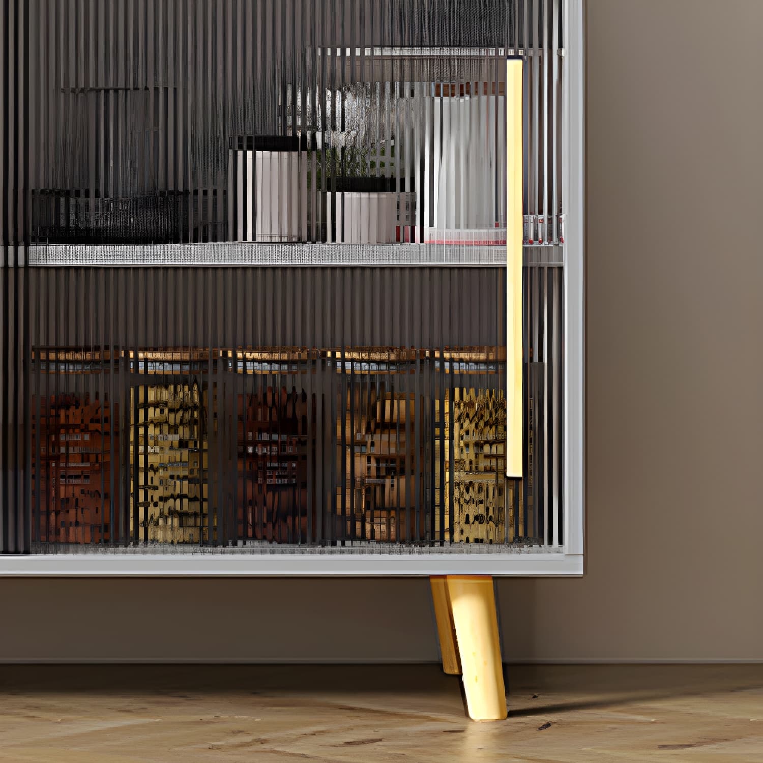 Scandinavian Wood Sideboard Credenza with Acrylic Doors and Cabinet Storage thumbnail 15