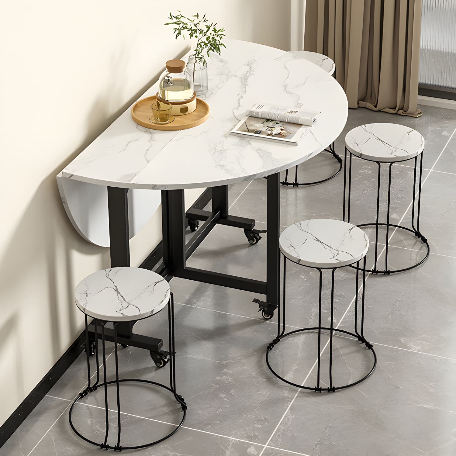 Modern Round Wood Dining Set with Collapsible Table and Leaf Extension - Metal Trestle Base in Black thumbnail 11