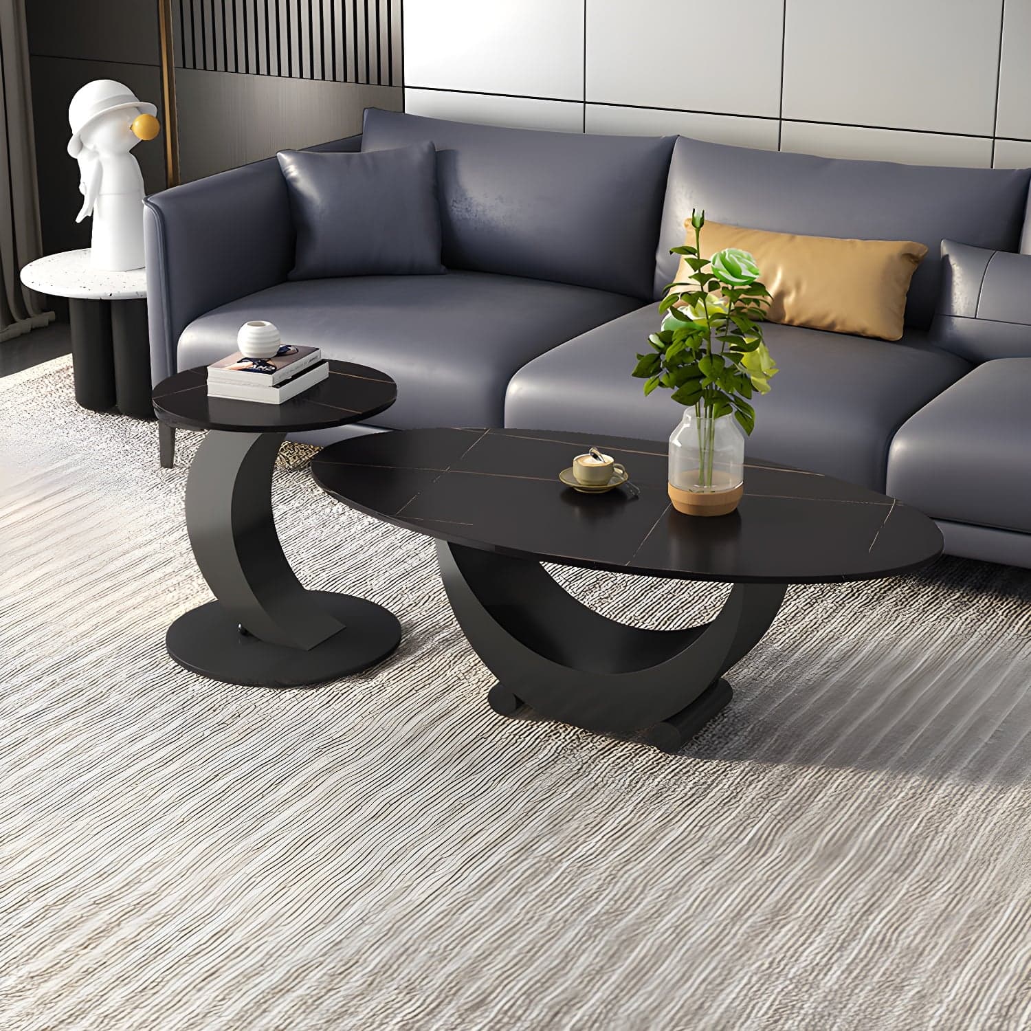 2 Piece Nesting Tables Oval Minimalist Modern Coffee Table Set thumbnail 1