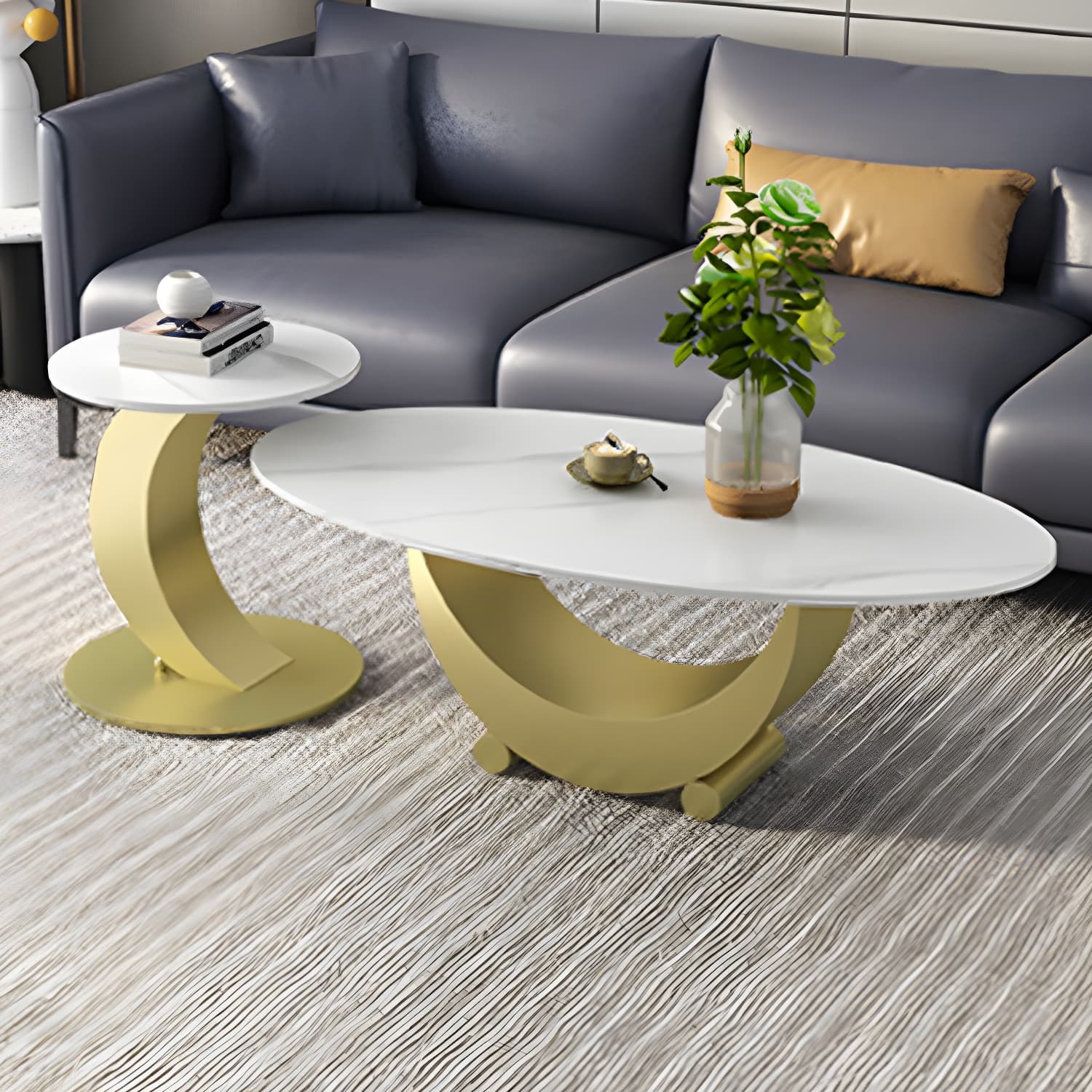 2 Piece Nesting Tables Oval Minimalist Modern Coffee Table Set thumbnail 13