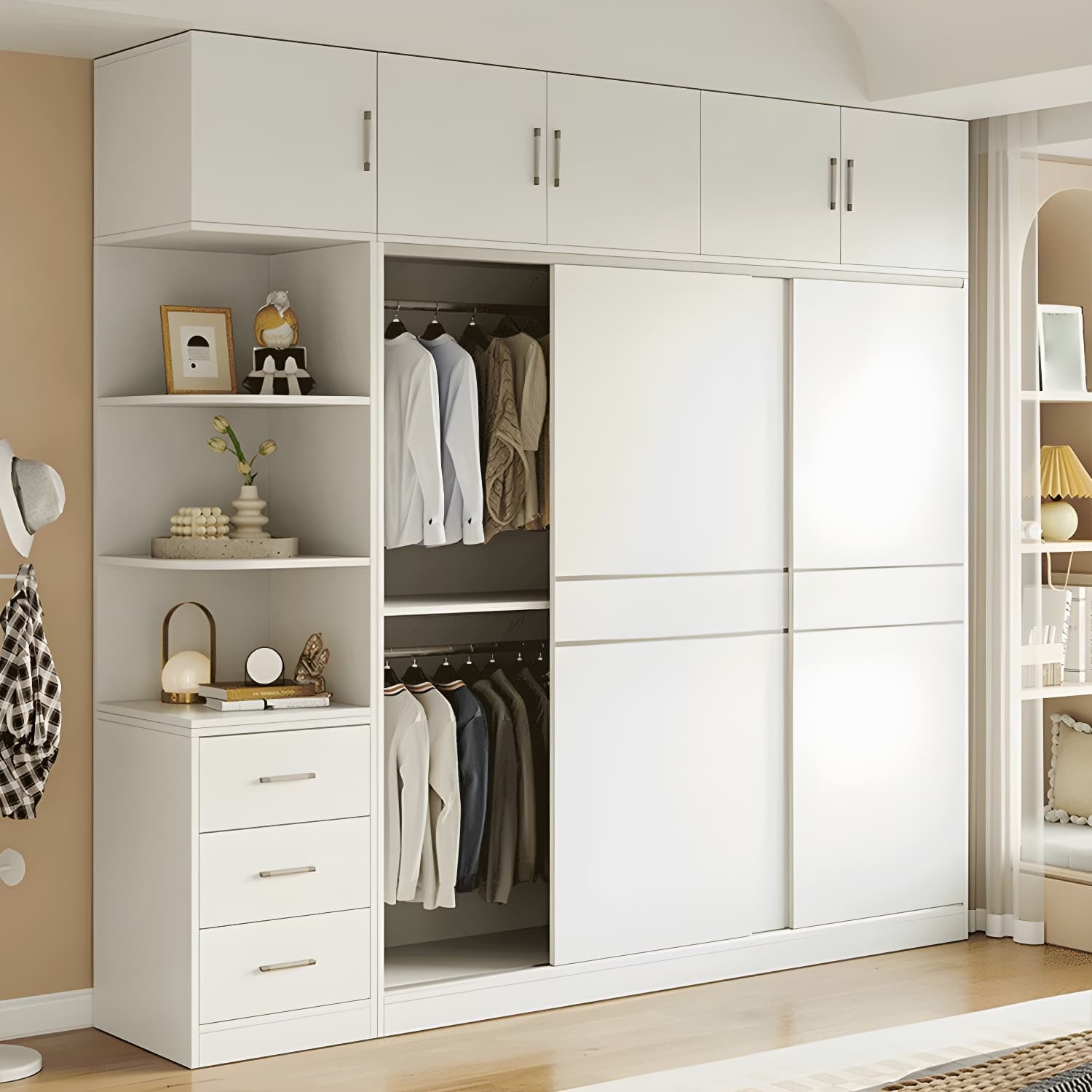 Modern White Wood Wardrobe Armoire with Sliding Doors, Shelves, and Soft Close Drawers thumbnail 12