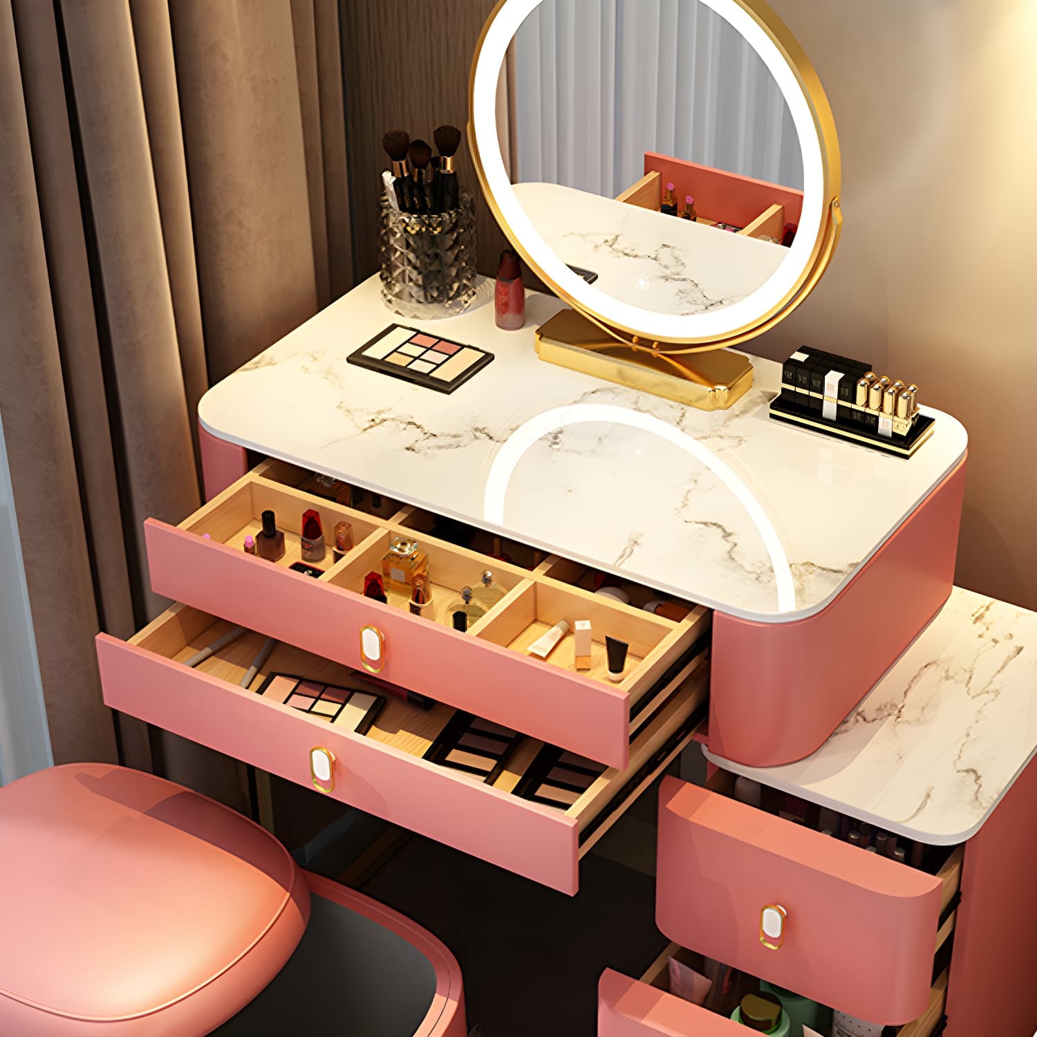 Stone Top Vanity with Storage Drawers Makeup Vanity Desk with Stool and Mirror thumbnail 15