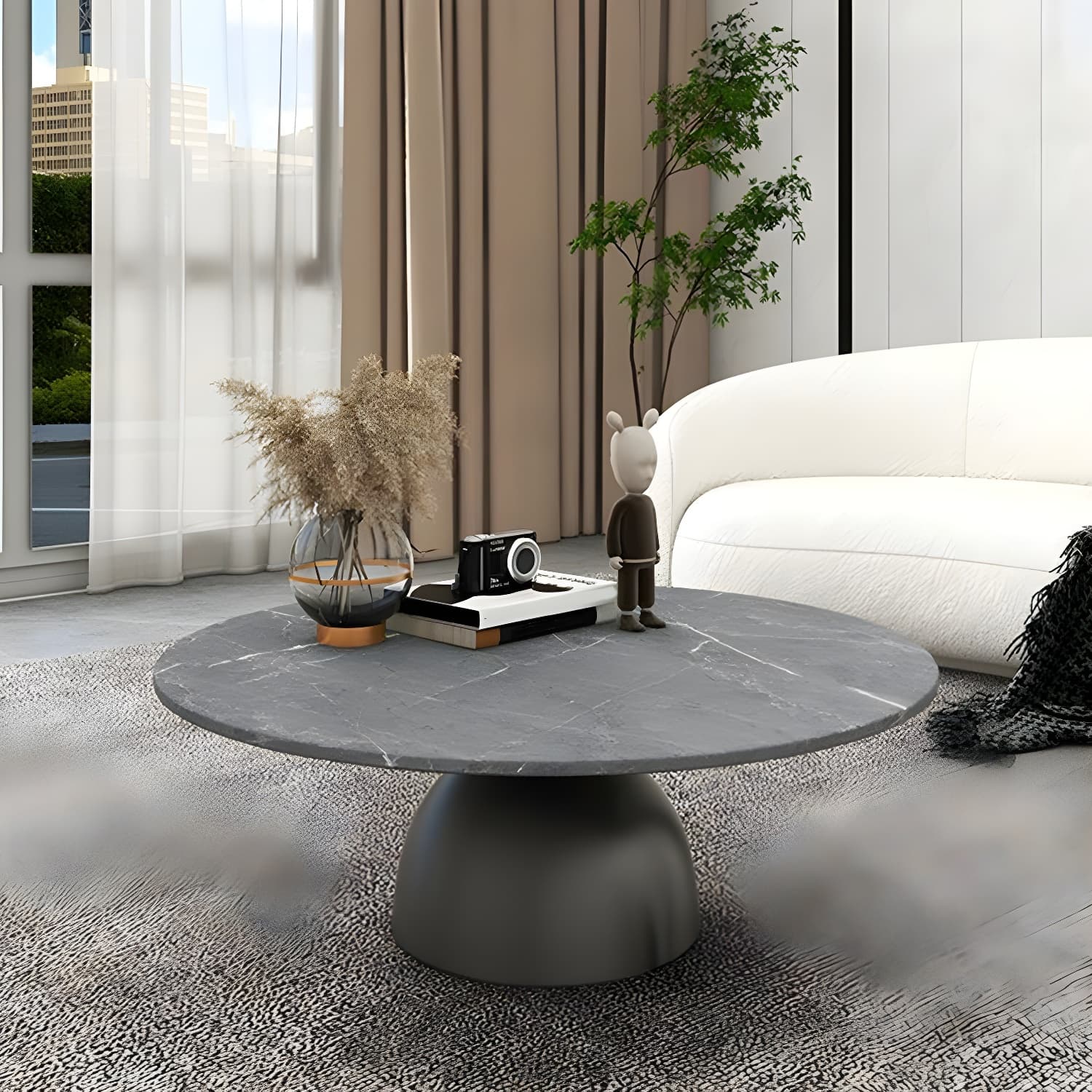 Round Stone Glam Coffee Table with Pedestal Iron Base and Built-in Storage thumbnail 14