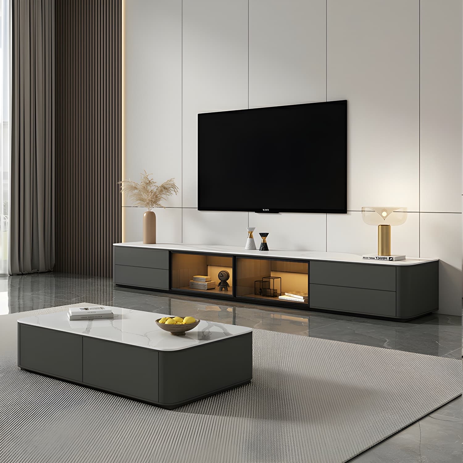 Grey Stone TV Stand with Drawers and Cabinet and No Cable Management for Modern-Style Long TVs thumbnail 9