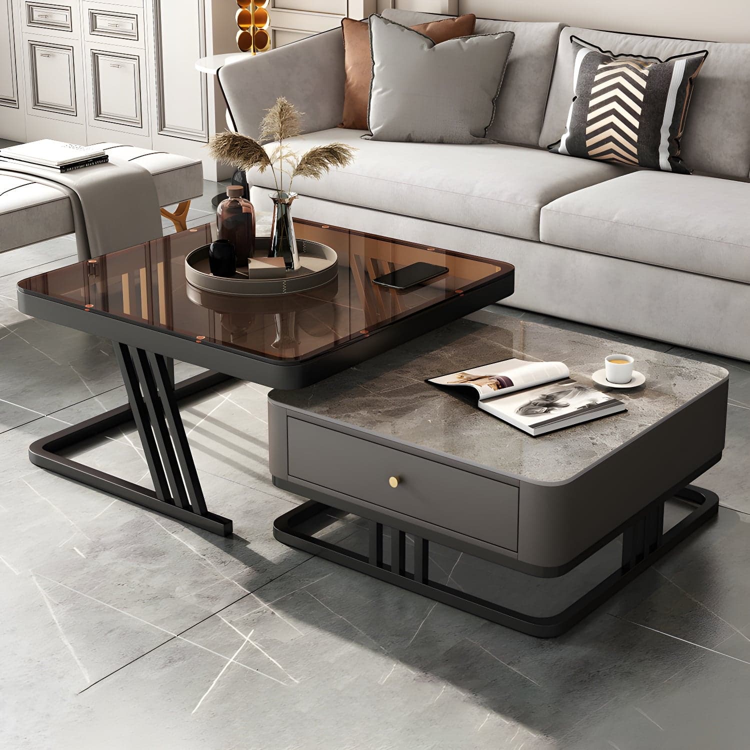 Modern Round Glass / Slate Cocktail Table Steel Frame Coffee Table with Drawer thumbnail 3