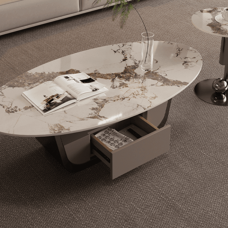 Glamorous Oblong Stone Coffee Table with Abstract Base, Scratch-proof and Drawer for Small Spaces thumbnail 6
