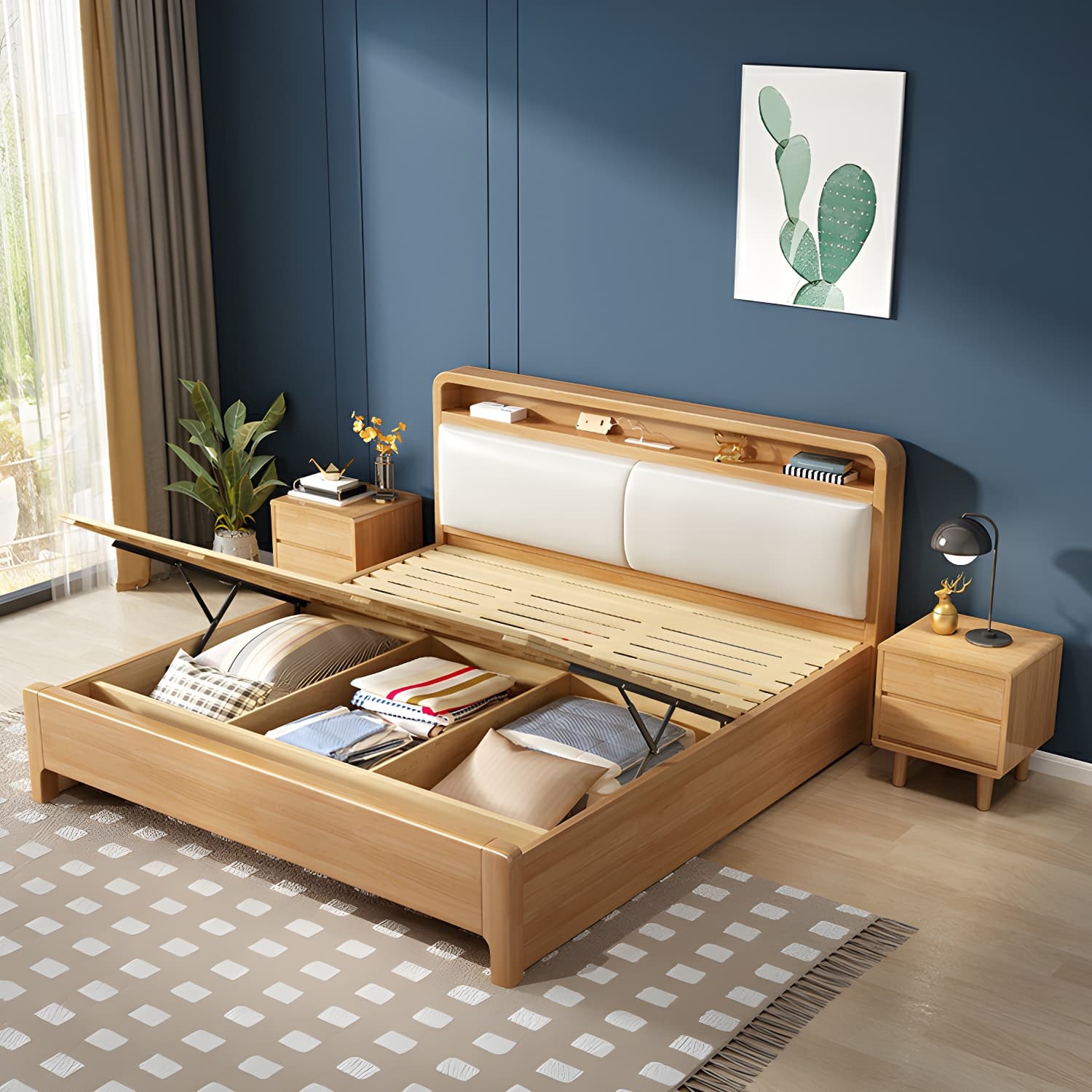 Scandinavian Solid Wood Bed with Four Legs and Upholstered Headboard thumbnail 4