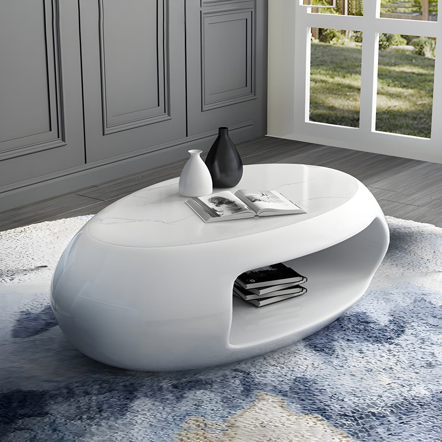 Modern Oval Coffee Table with Storage Shelf and Plastic Pedestal Base thumbnail 14
