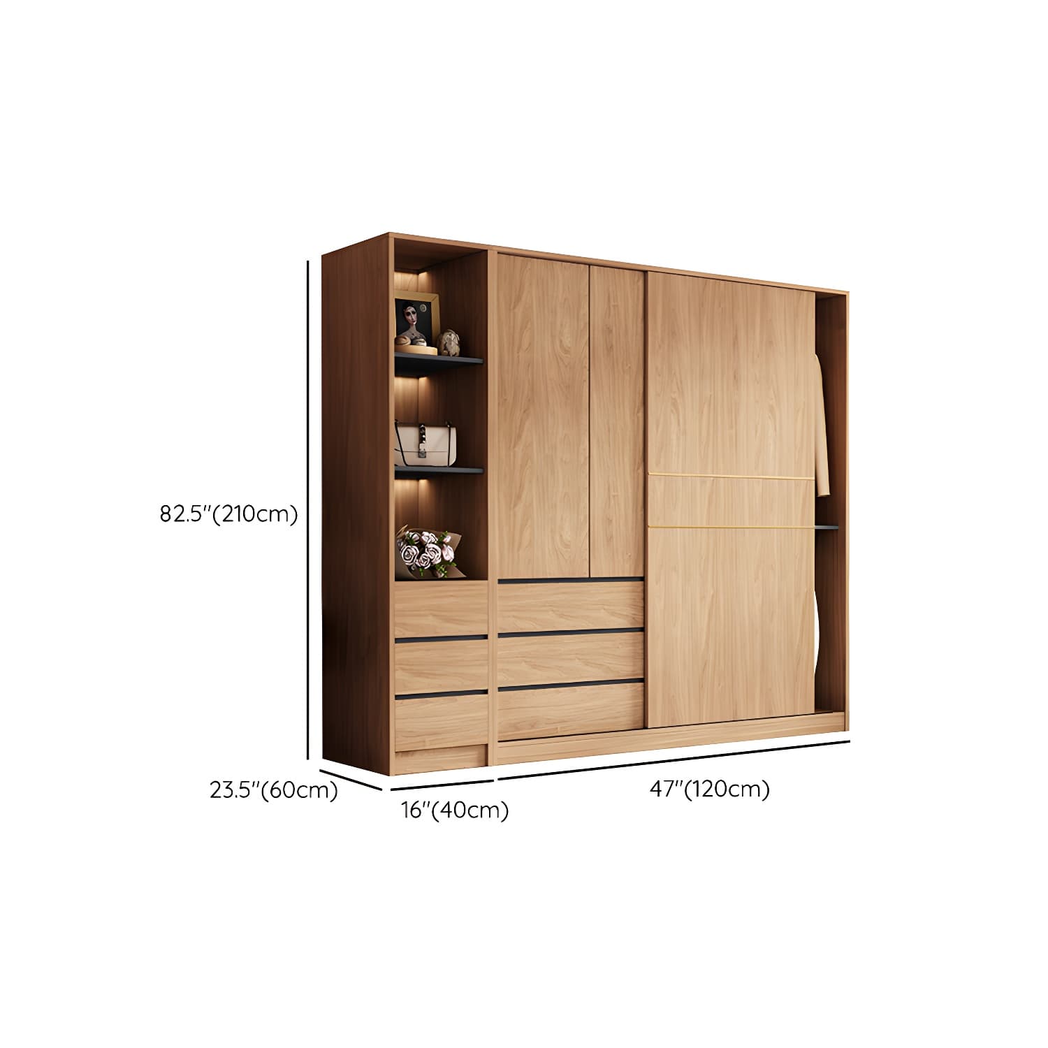 Natural Finish Wardrobe Armoire Sliding Wardrobe Cabinet with Drawer thumbnail 19