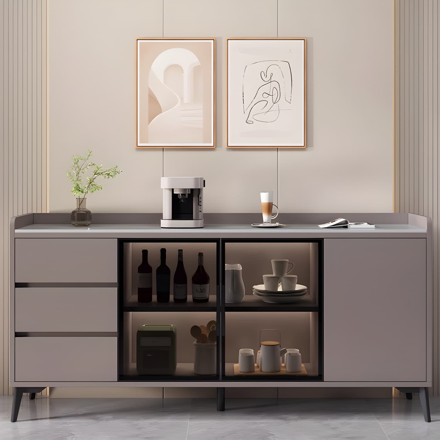 Stone Top Modern Wood Sideboard Credenza with 3 Drawers and Glass Doors thumbnail 7