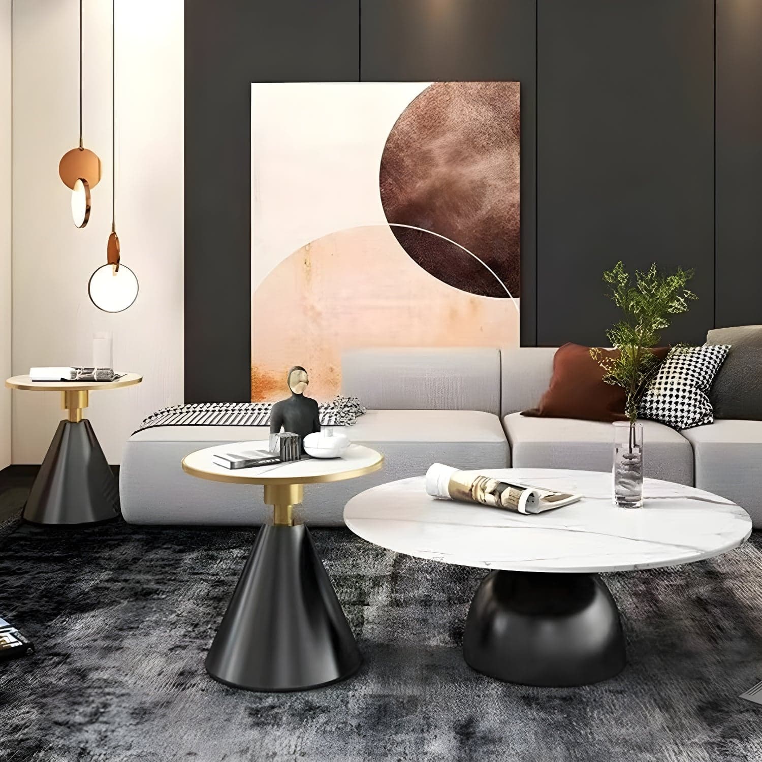 Round Stone Glam Coffee Table with Pedestal Iron Base and Built-in Storage thumbnail 3