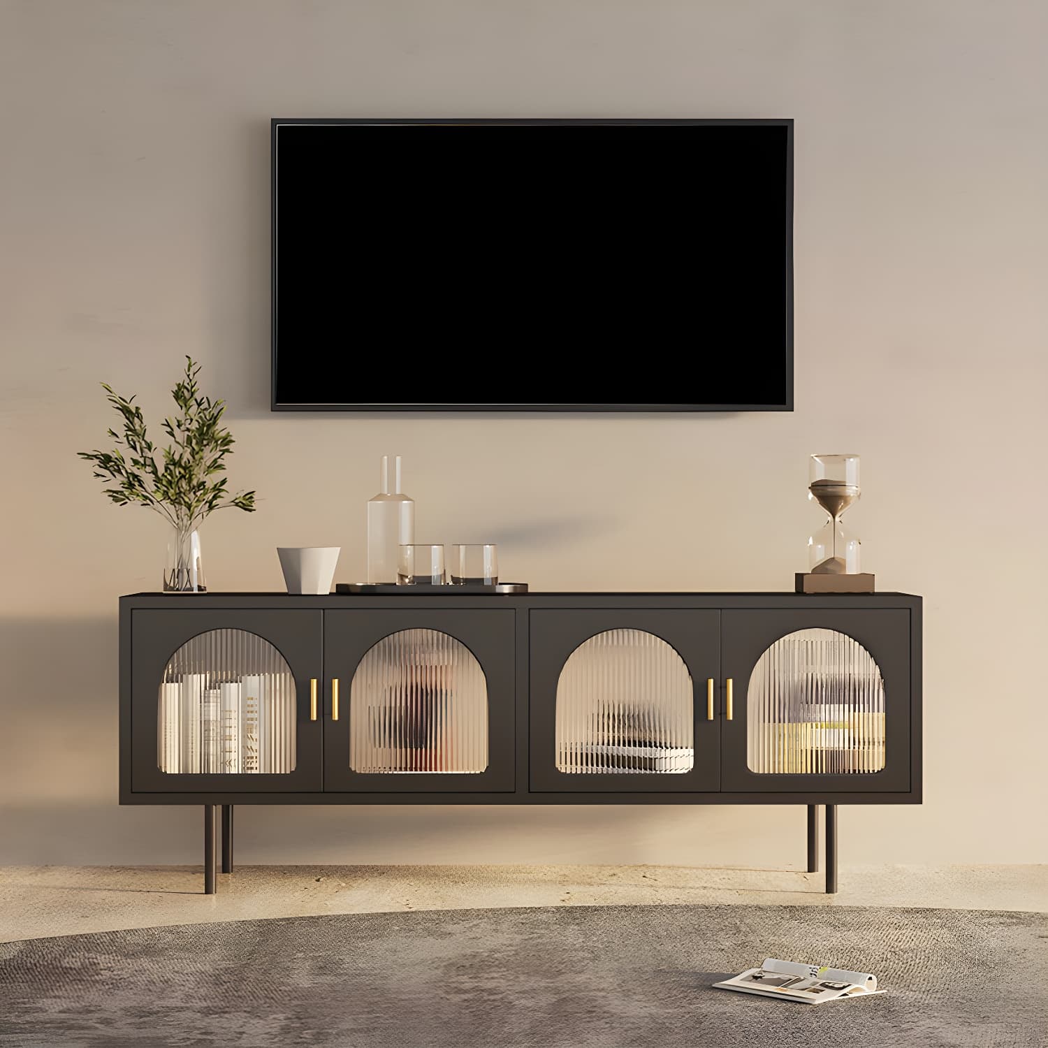 Industrial 4 Doors TV Media Stand Metal and Glass TV Console thumbnail 1