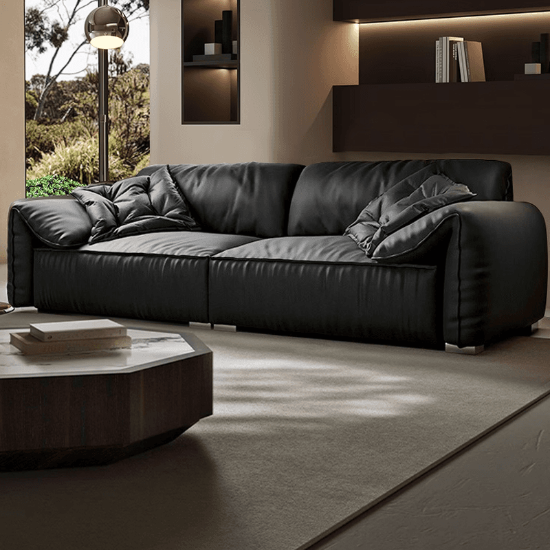 Modish Solid Color Tear Resistant Standard Sofa in Midnight Black, Seats 5/4 Person/for 3 with 2 Pillows thumbnail 1