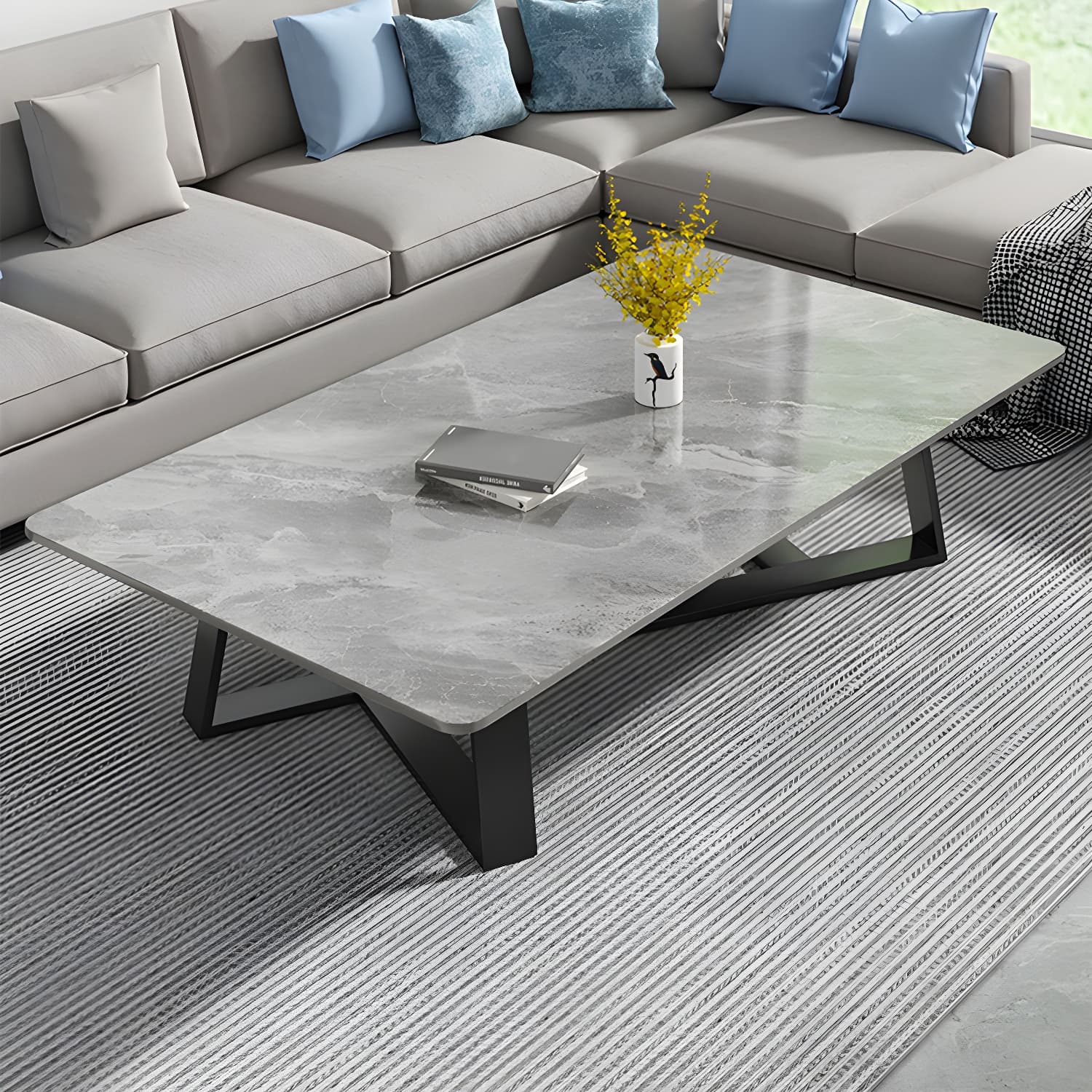 Stone and Metal Coffee Table Contemporary Coffee or End Table with Cross Legs thumbnail 7