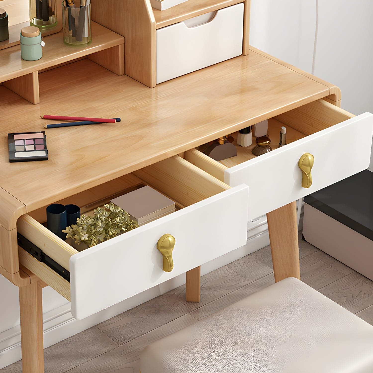 Scandinavian 3-Drawer Dressing Table Solid Wood Vanity Makeup Table Set thumbnail 9