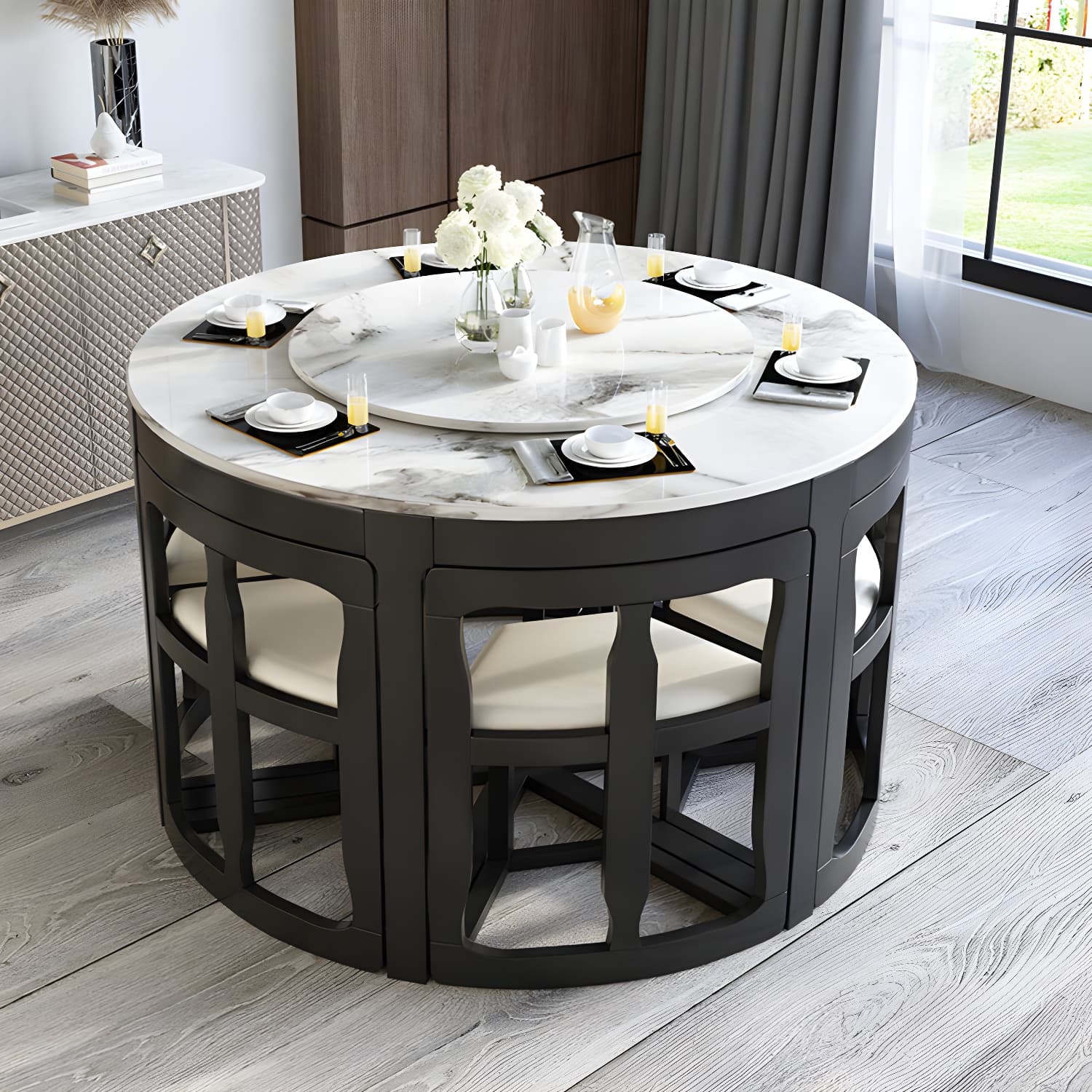 7-Piece Modern Wood Dining Set with Trestle Base and Upholstered Chairs in White - Seats 6 thumbnail 3