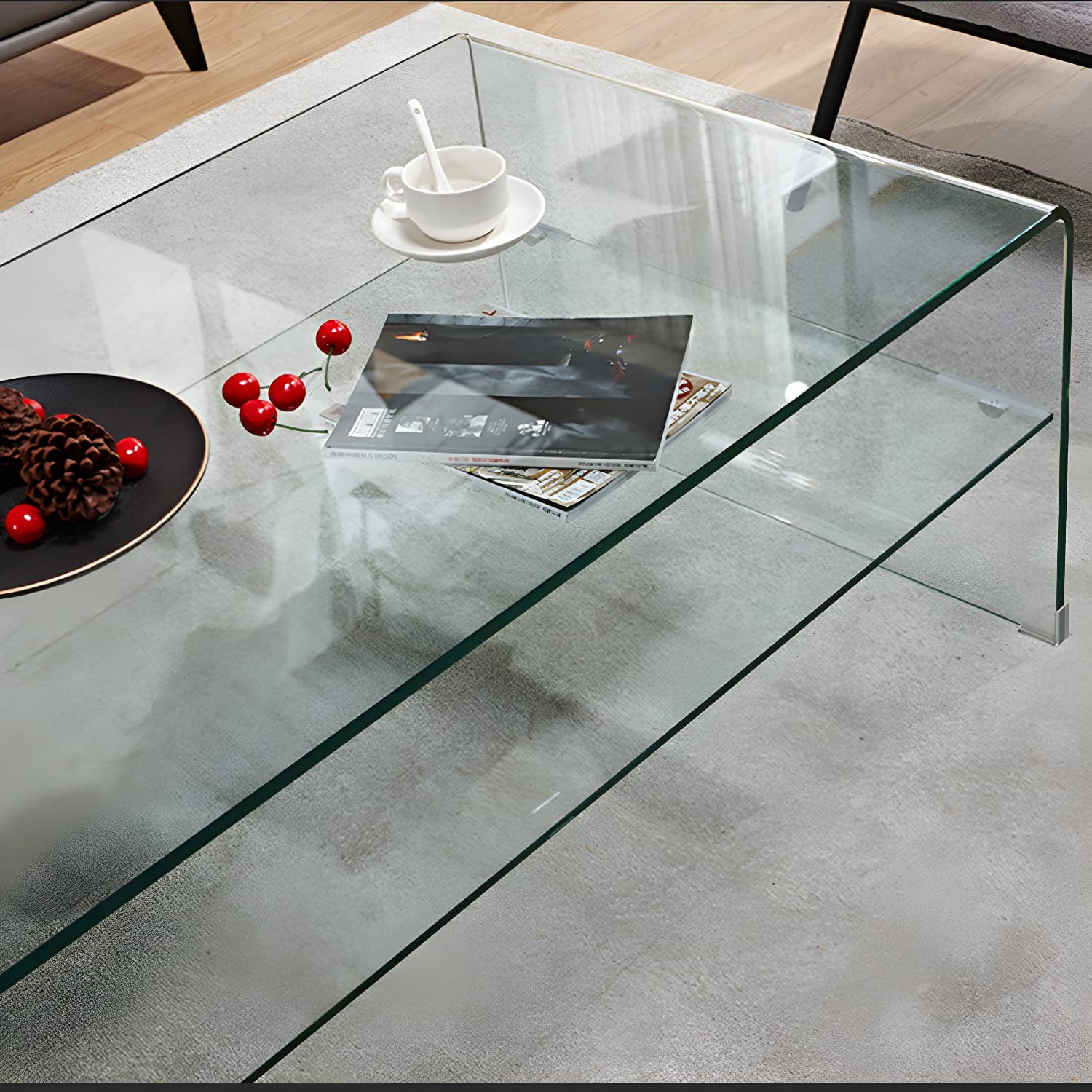 15.7"H Modern Sled Base White/black Glass Square Coffee Table with Shelf thumbnail 8