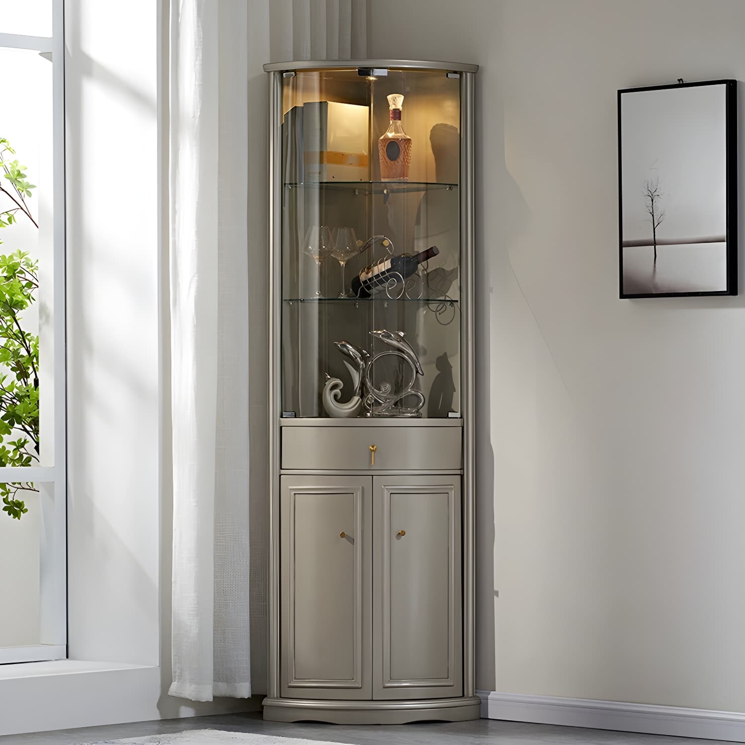 Corner Mid-Century Modern Accent Cabinet with Wood Countertop, Glass Doors, and Drawers Included thumbnail 15