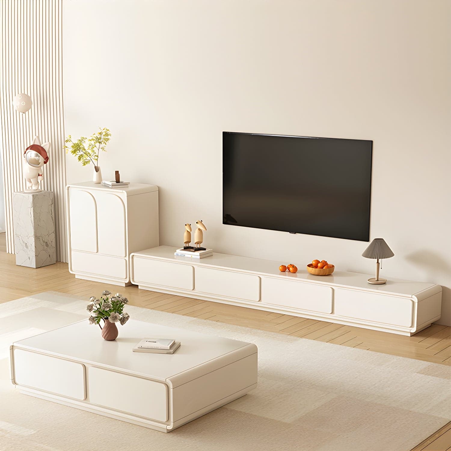 Beige Modern TV Stand with Soft Close Drawers - Cable Management - No Assembly Required thumbnail 1