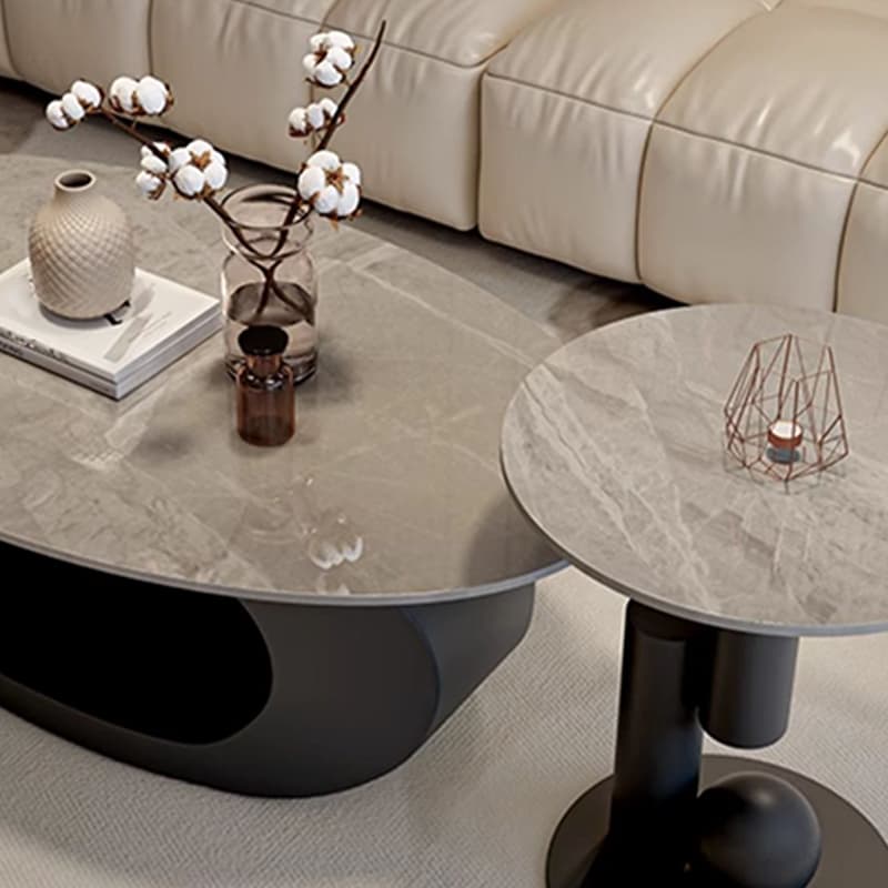 Modern Oval Stone Top Coffee Table, Abstract Iron Base, Scratch Resistant thumbnail 12