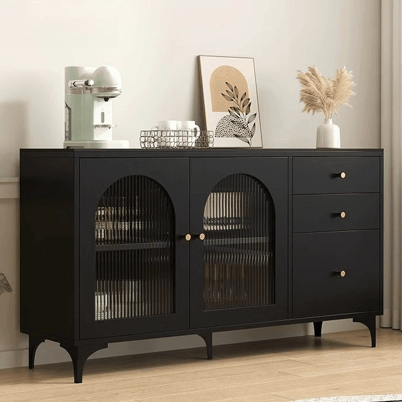 Narrow/Standard Coal Sideboard in Wood with Hutch, Glass Doors and Flexible Shelf in a Modern Style, 3 Drawers Included/Not Included thumbnail 1