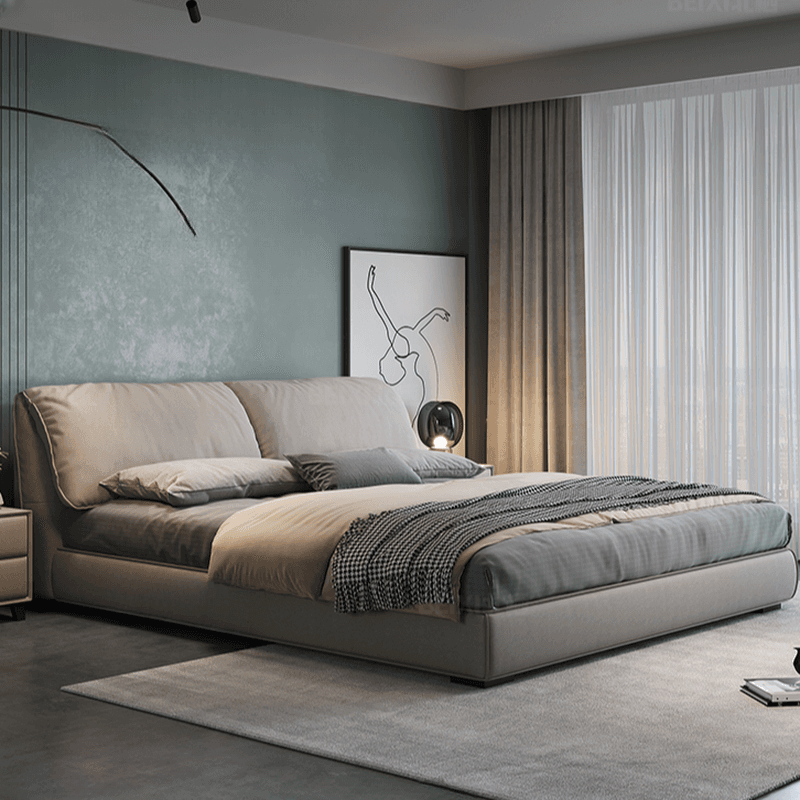 Grey Storage Included Panel Bed with 3 Storage Boxes, Natural Wood Frame, Panel Headboard, and Sponge Upholstery thumbnail 1