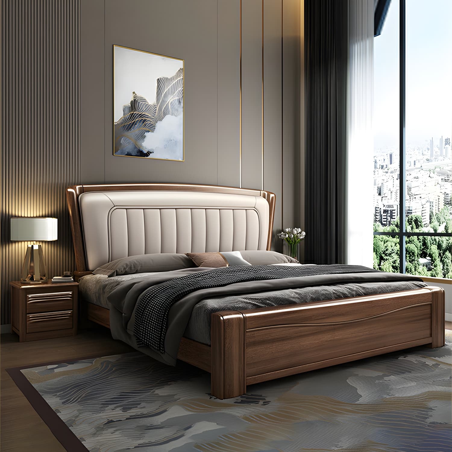 Traditional Walnut Wood Brown Bed with Rectangular Upholstered Headboard for Bedroom thumbnail 1