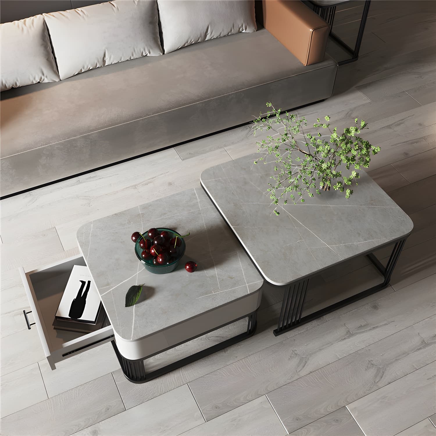Square Slate Top Coffee Table with Drawers Frame Base 2 Nestling Cocktail Table thumbnail 6