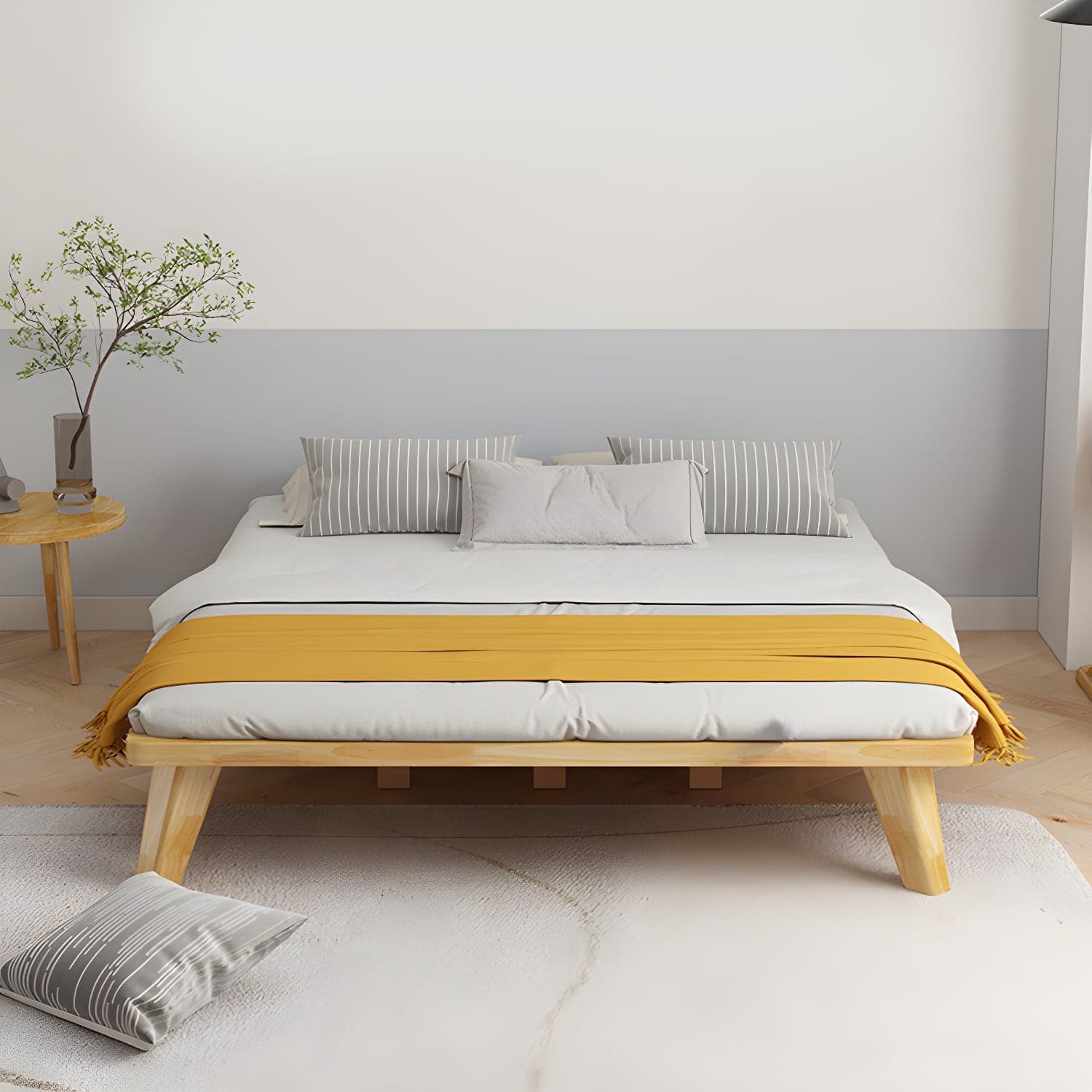 Scandinavian Solid Wood Platform Bed 13.39" High Natural Bed Frame Set