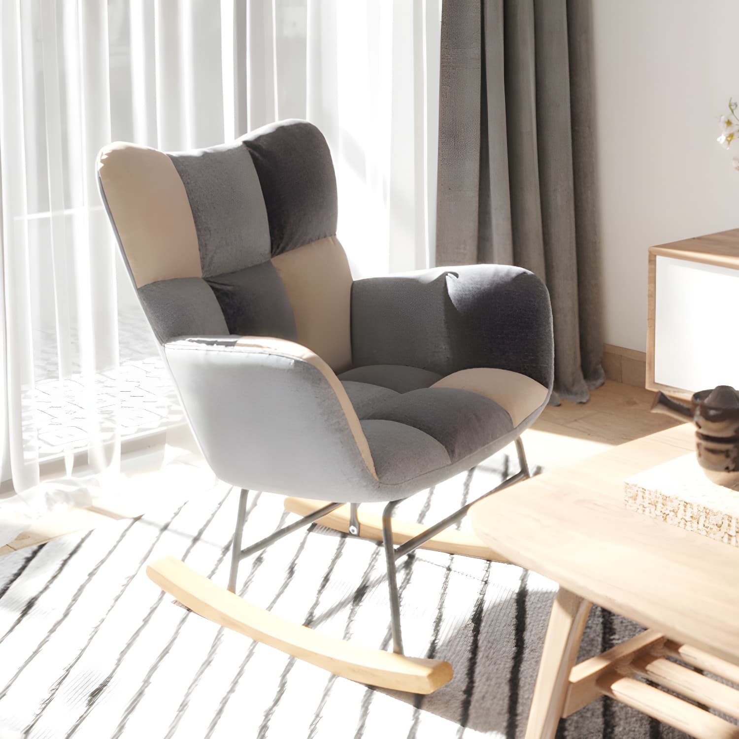 Modern Rocker Chair Upholstered Dark Legs Glider Button-Tufted thumbnail 6