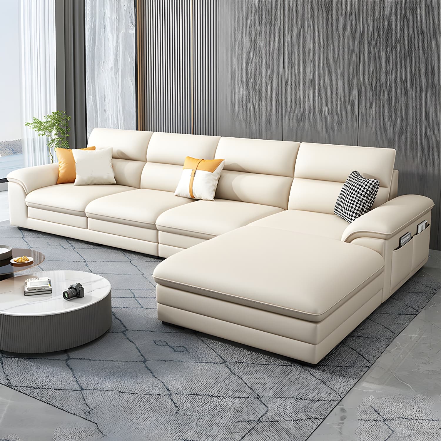 Modern Beige Stationary Sectional Sofa in Scratching Cloth with Wood Frame and Pillow Top Arms thumbnail 15