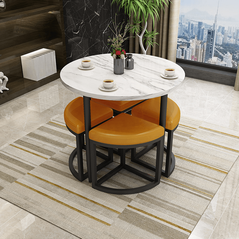 Reclaimed Wood Round Dining Table Set with Metal Toboggan Base and Upholstered Backless Chairs for 4 People thumbnail 25