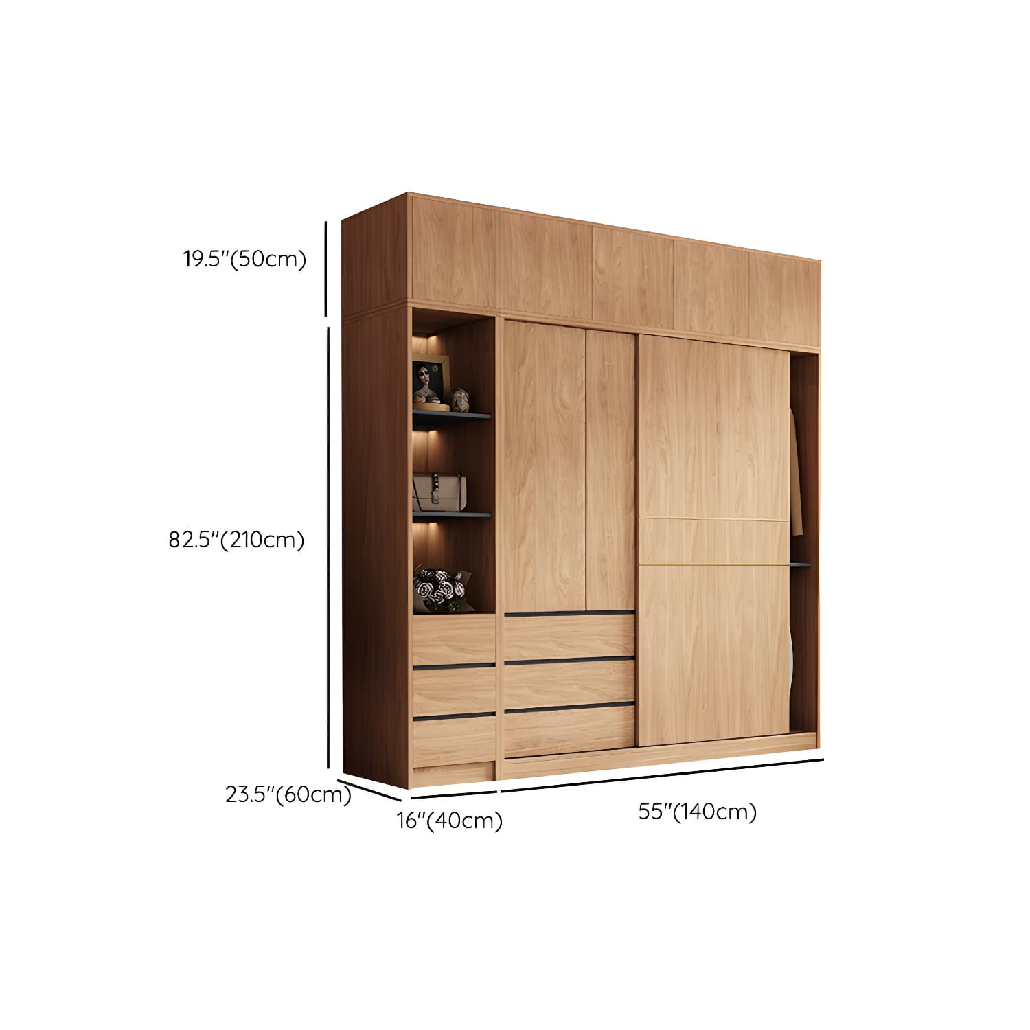 Natural Finish Wardrobe Armoire Sliding Wardrobe Cabinet with Drawer thumbnail 25