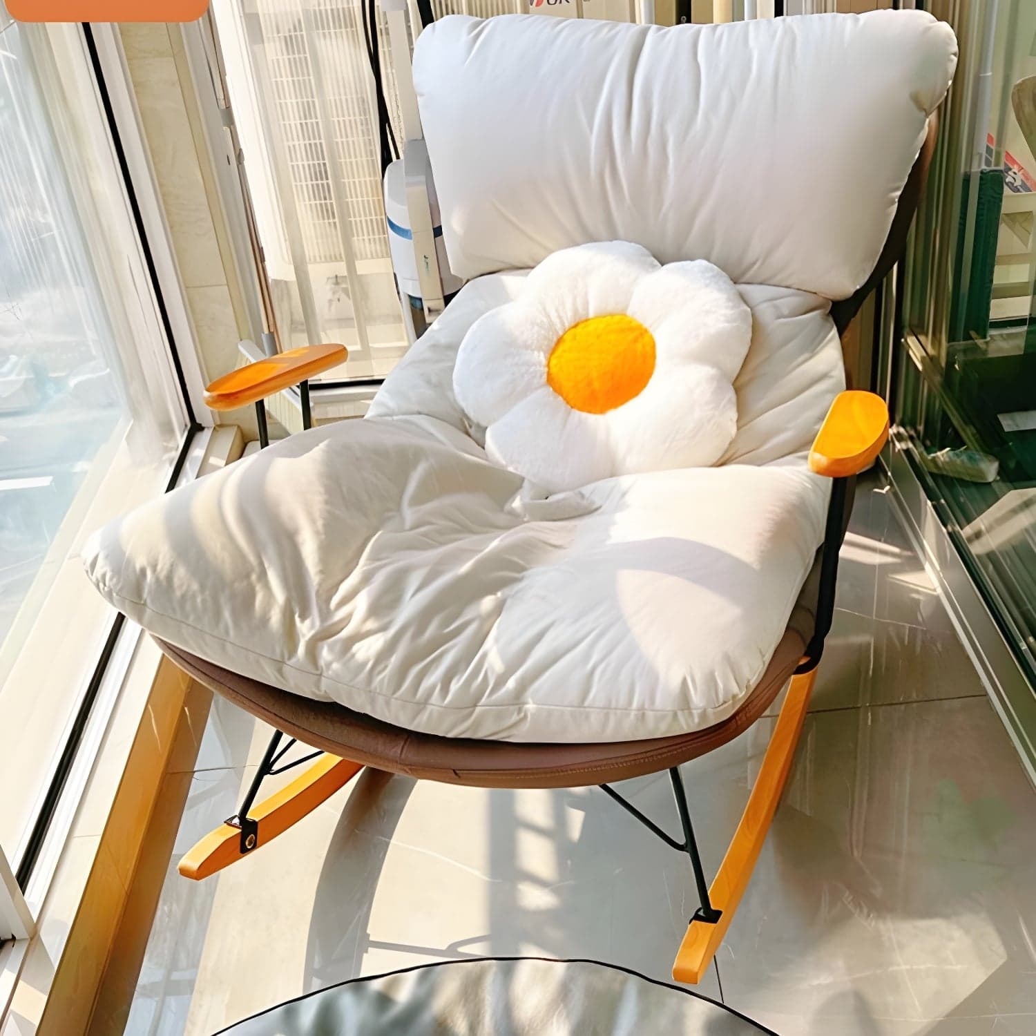 Scandinavian Indoor Upholstered Rocking Chair with Track Arms and Natural Wood Legs thumbnail 9