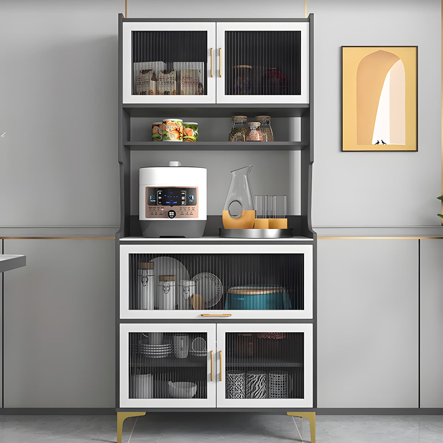 Sintered Stone Countertop Dining Server Manufactured Wood Kitchen Server with Glass Doors thumbnail 6