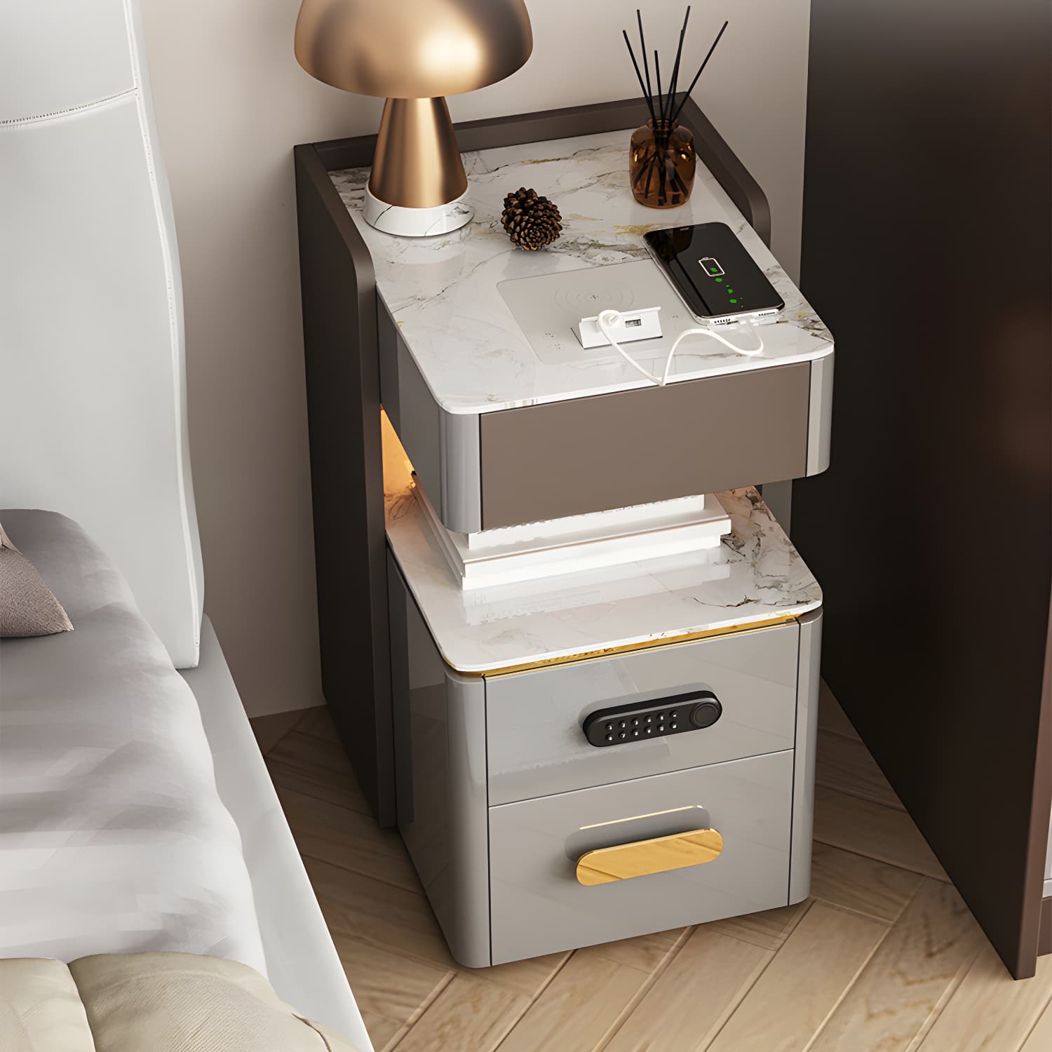 3-Drawer Nightstand with USB charging 21.65" Tall Faux Leather Nightstand thumbnail 7