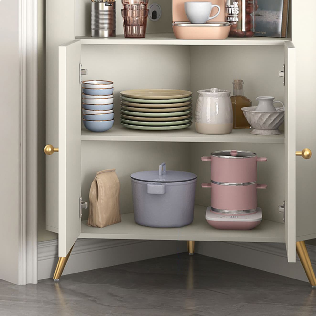 Modern Corner Accent Cabinet with White Wood Countertop, Glass Doors, and Gold Metal Base thumbnail 8