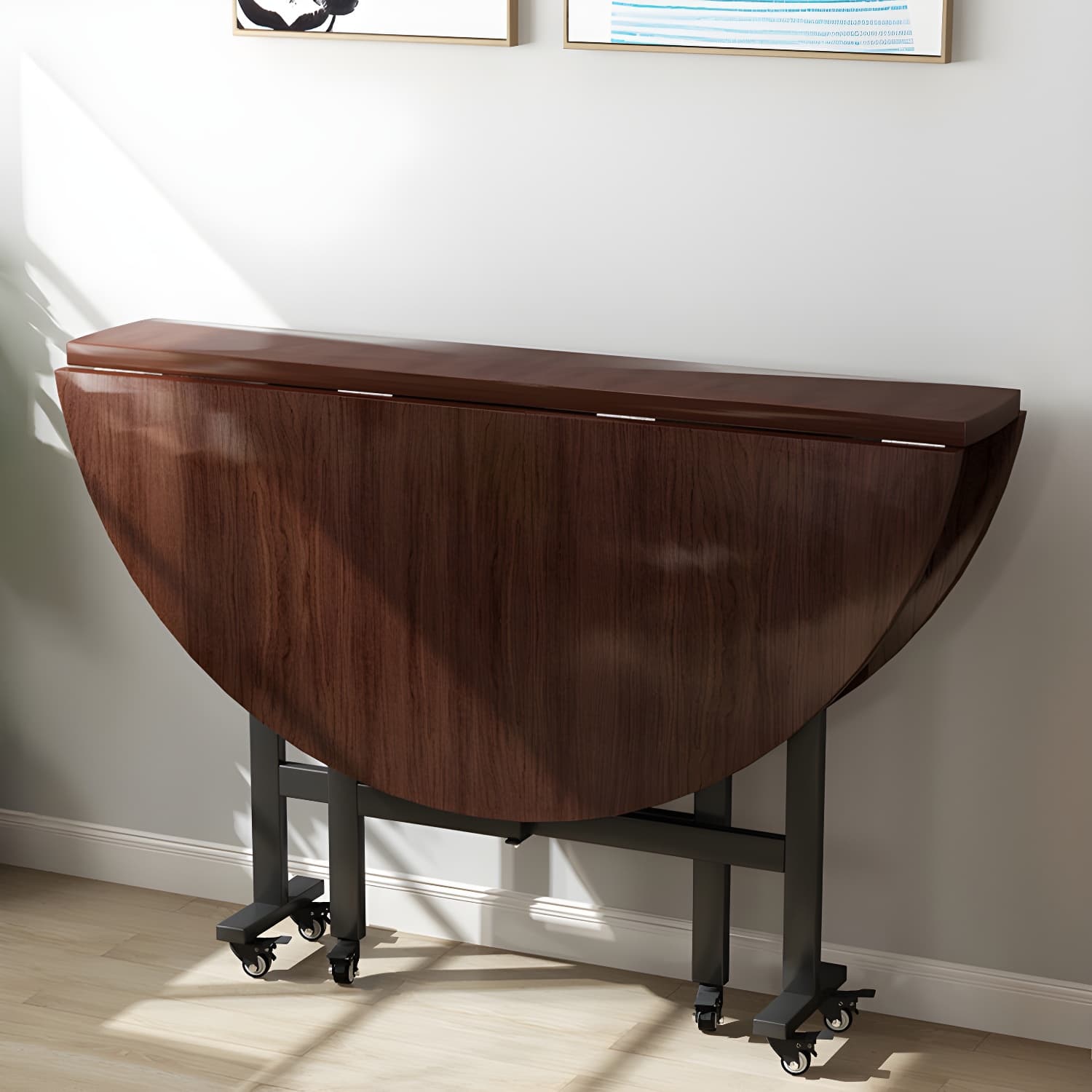 Modern Foldable Dining Table Round Wood Tabletop with Metal Legs thumbnail 1