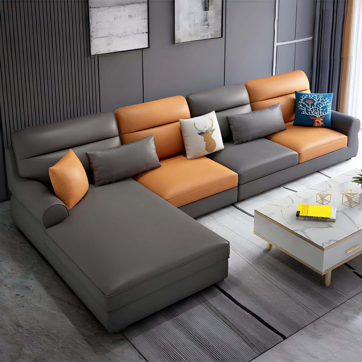 Large Modern L-Shape Stationary Wood Sectional Sofa with Round Arm and Cushion Back thumbnail 7