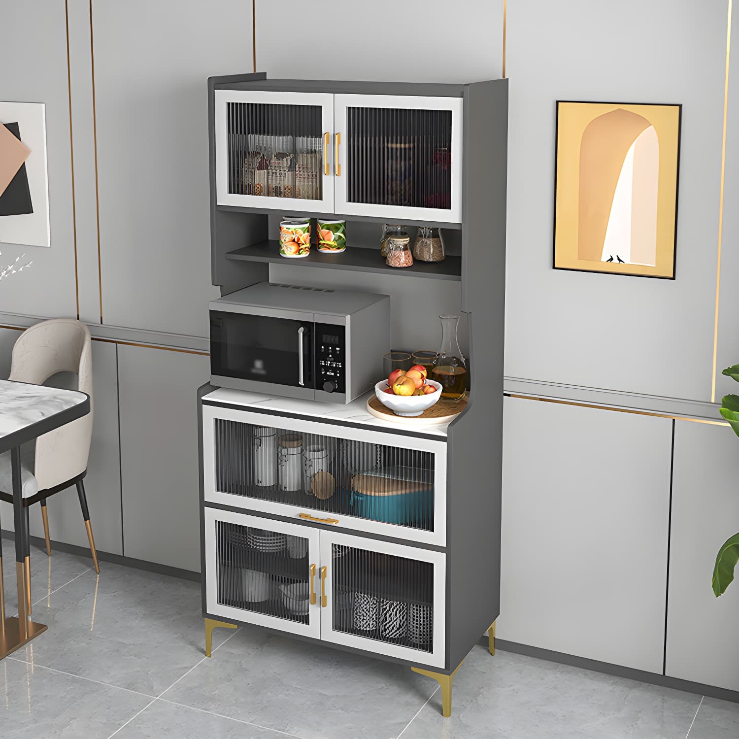 Sintered Stone Countertop Dining Server Manufactured Wood Kitchen Server with Glass Doors thumbnail 15