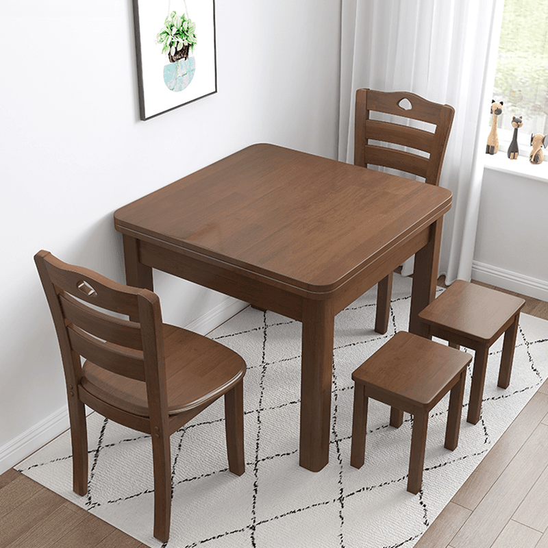 Square Fixed Dining Table Set with 4 Legs, a Wood Tabletop in Natural/Auburn/White, Back Chairs and Stool in a Simple Style thumbnail 3