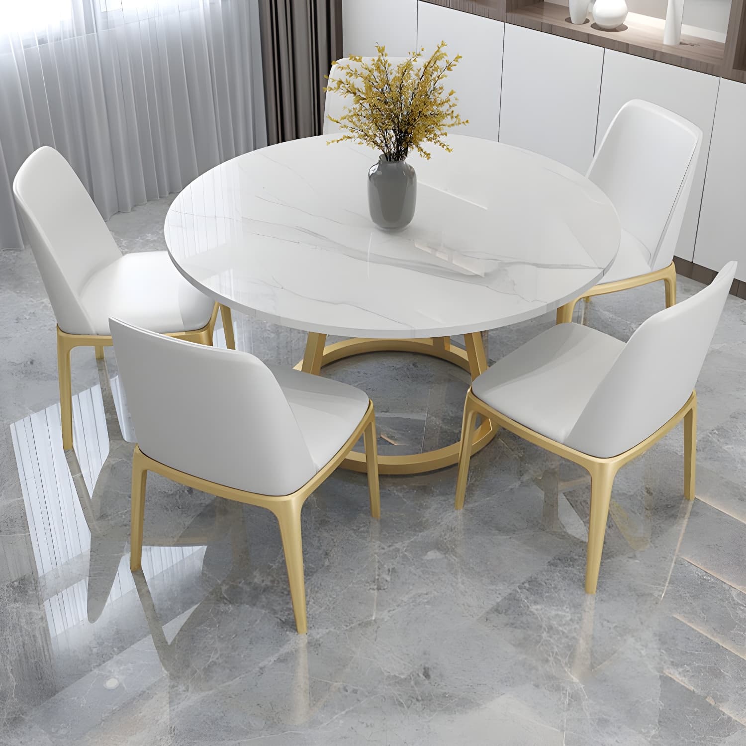 Round Marble Top Dining Table in White Traditional Luxury Dining Table thumbnail 12