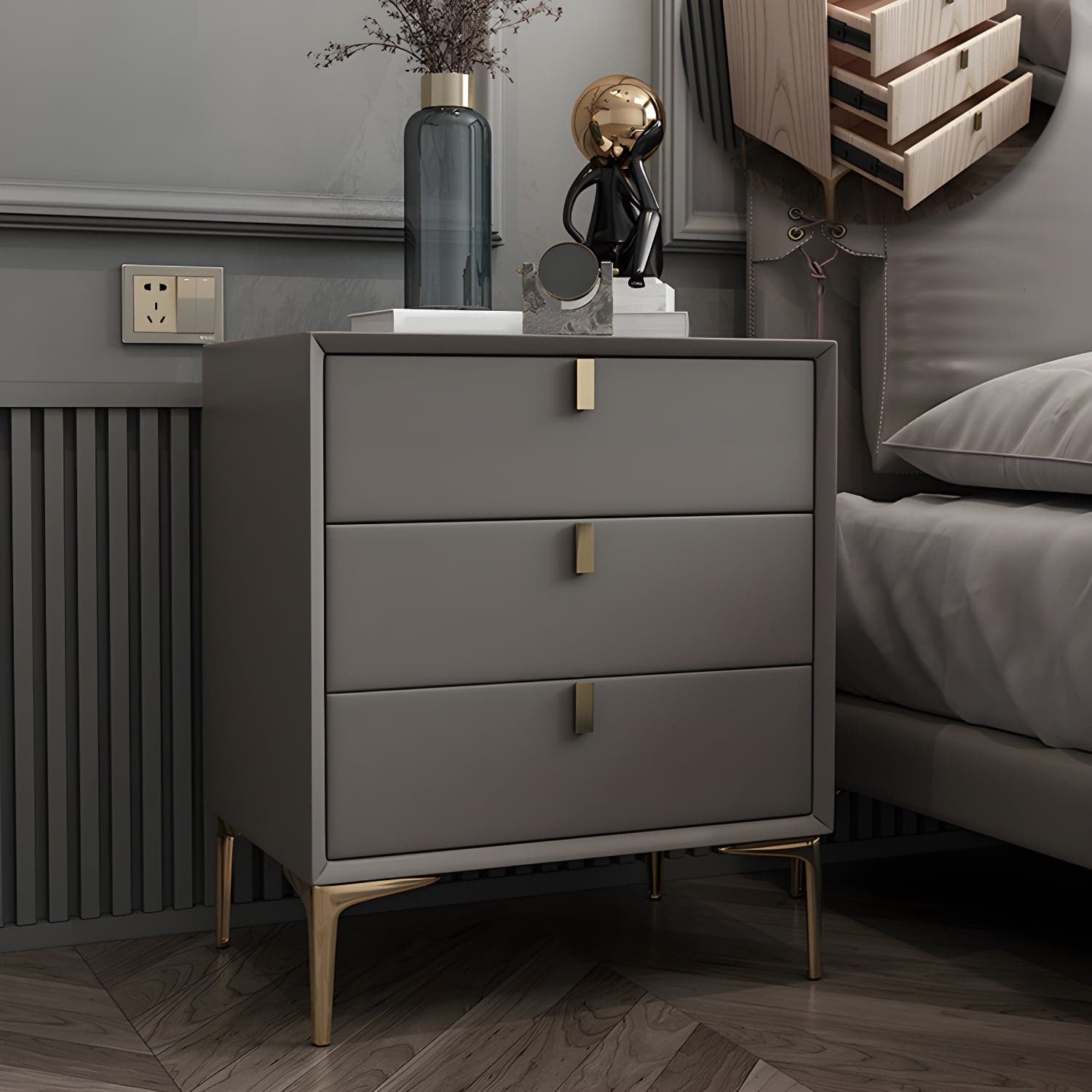 Solid Wood Drawer Storage Night Table 2 Drawer Modern Bed Nightstand thumbnail 7