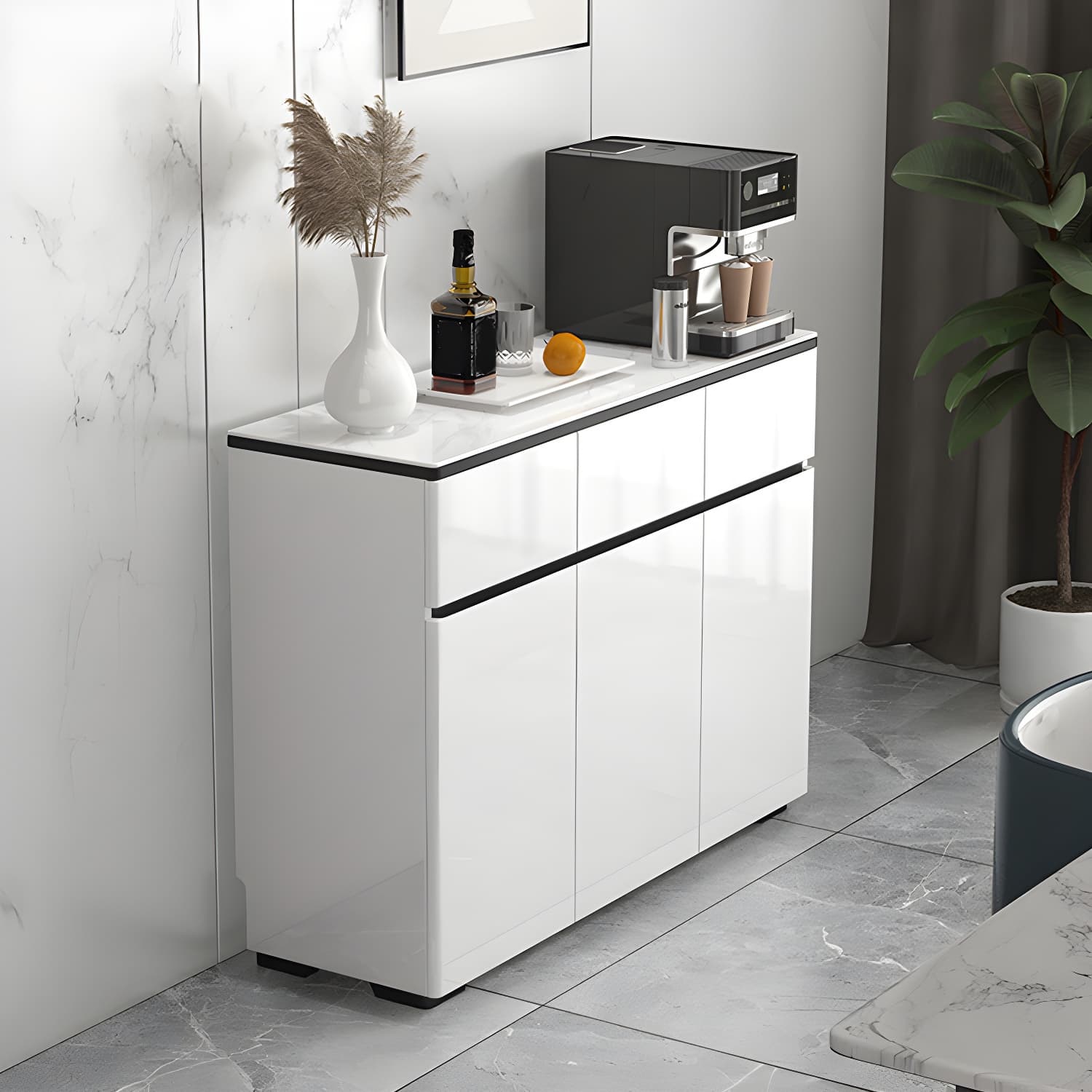 Modern White Sideboard with Glass Countertop, Cabinets, and Drawers thumbnail 3